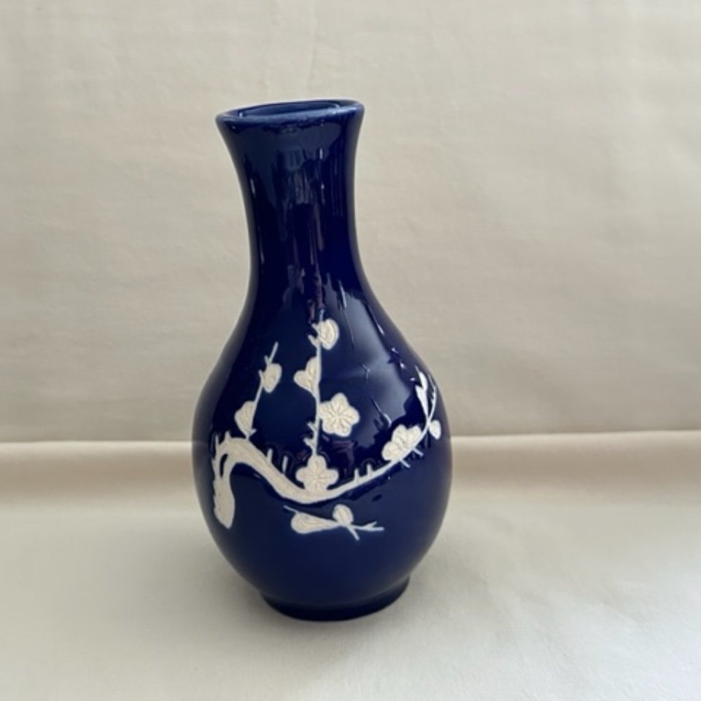 Vintage Incised Cherry Blossom Cobalt Blue Vase